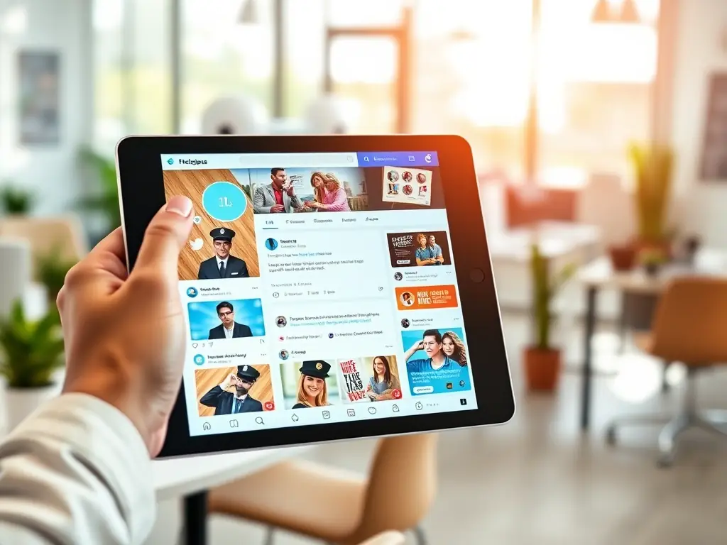 A person posting content on different social media platforms using a tablet, with various social media logos visible in the background. The image represents the execution phase where Blackhawkagency implements the social media strategy.