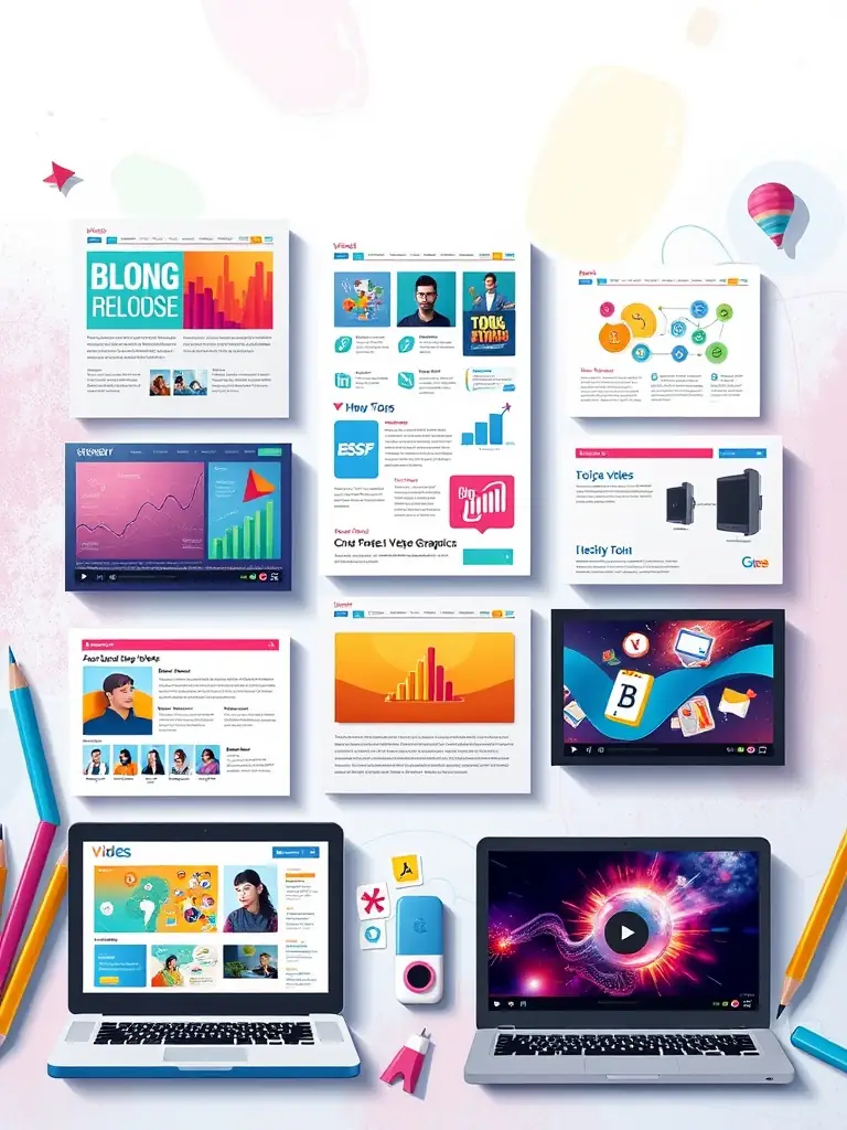 A creative image of diverse content formats (graphics, videos, articles) being created for a social media campaign.