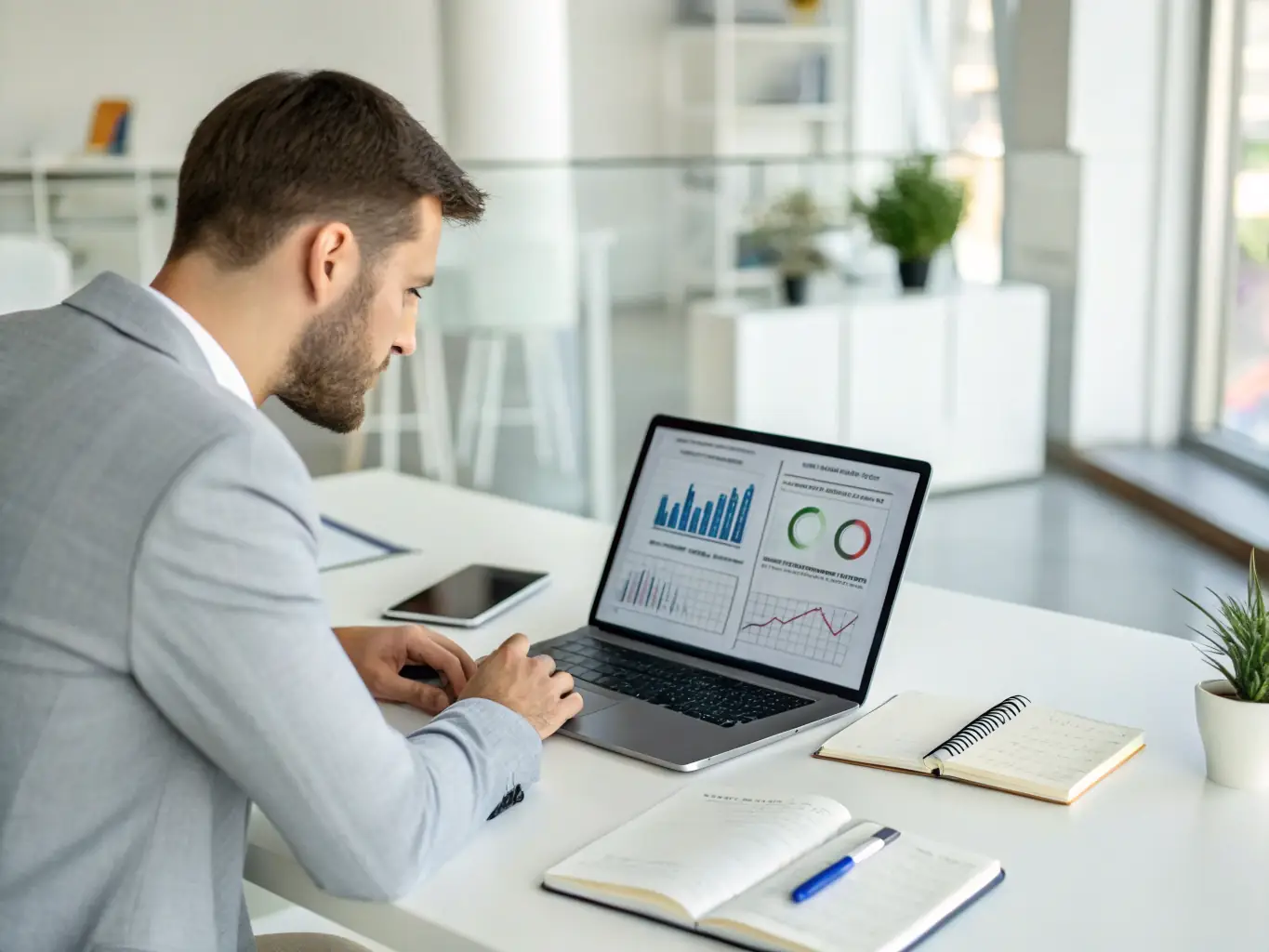 A consultant sitting at a desk, reviewing analytics on a computer screen, with charts and graphs visible, in a modern office setting. The image represents the initial consultation phase where Blackhawkagency analyzes the client's needs and goals.