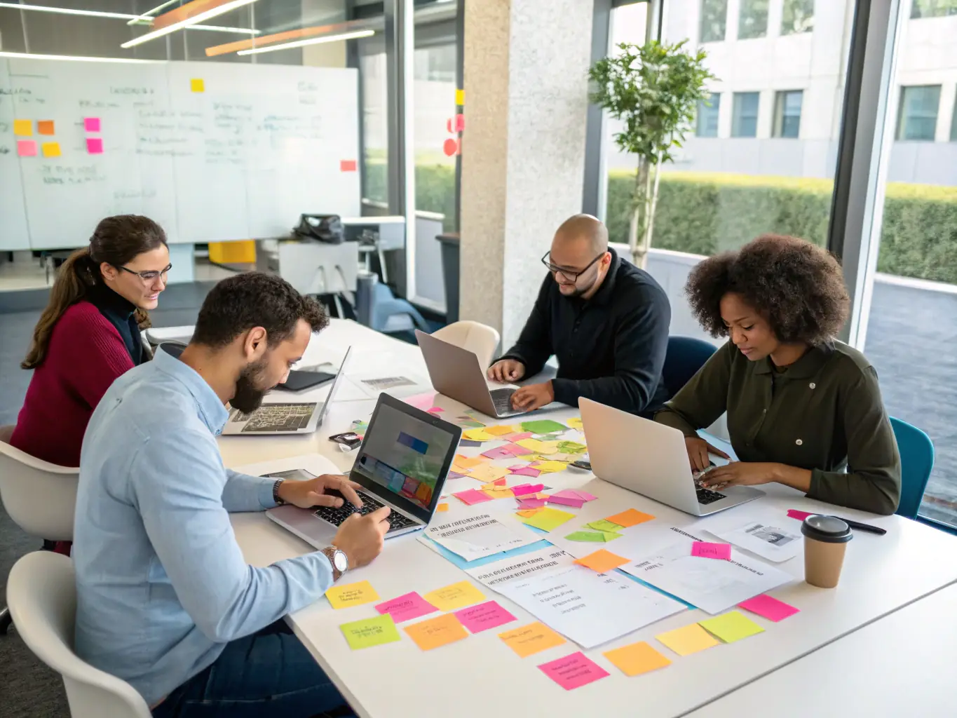 A team brainstorming around a table, with sticky notes and a whiteboard filled with ideas, in a creative office space. The image represents the strategy development phase where Blackhawkagency crafts a customized social media plan.